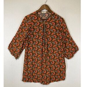 Boho Retro VLD Women Large Rust Orange Geometric Fan Print Half Zip Tunic Top